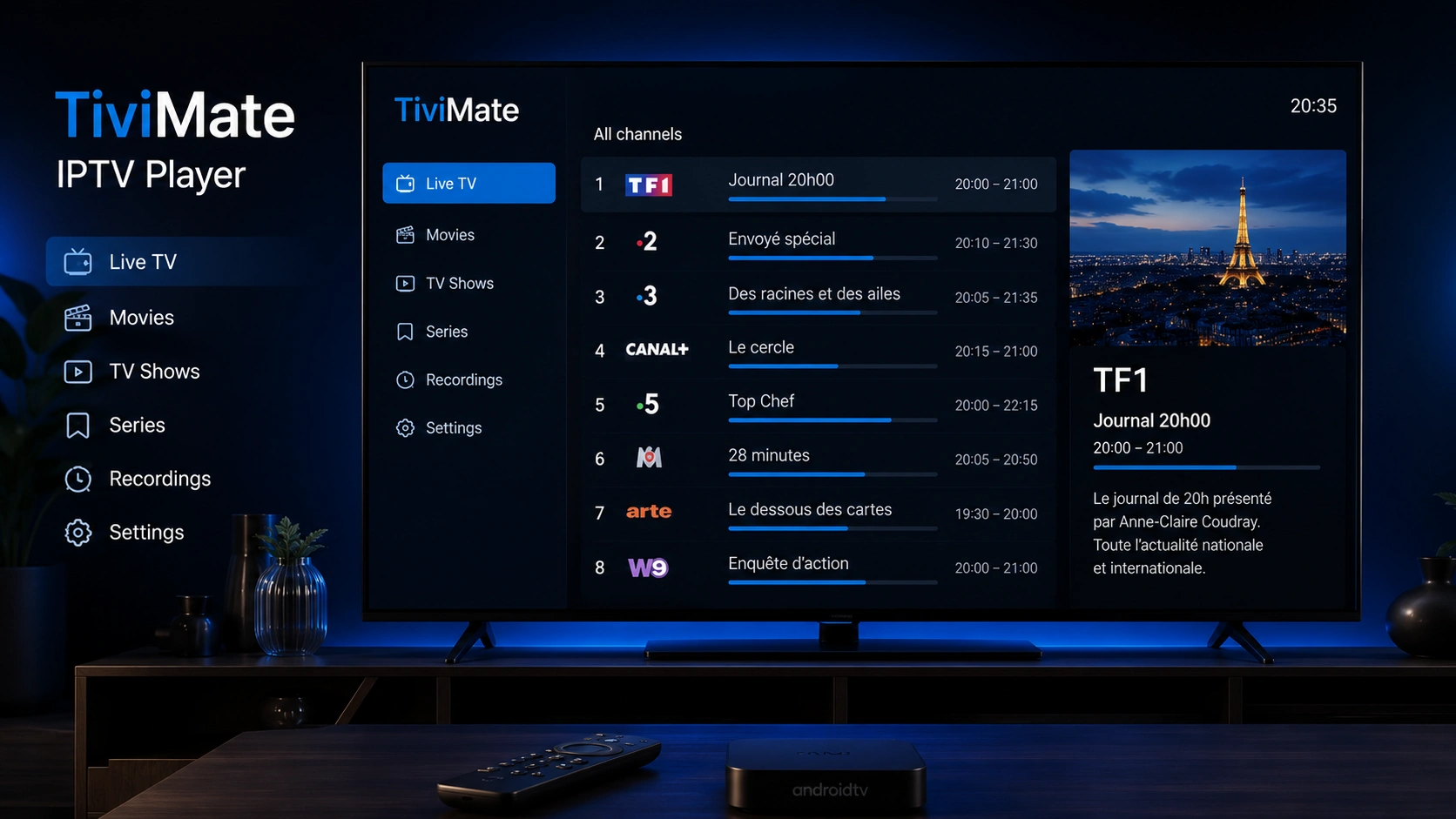 TiviMate IPTV Player interface sur Android TV