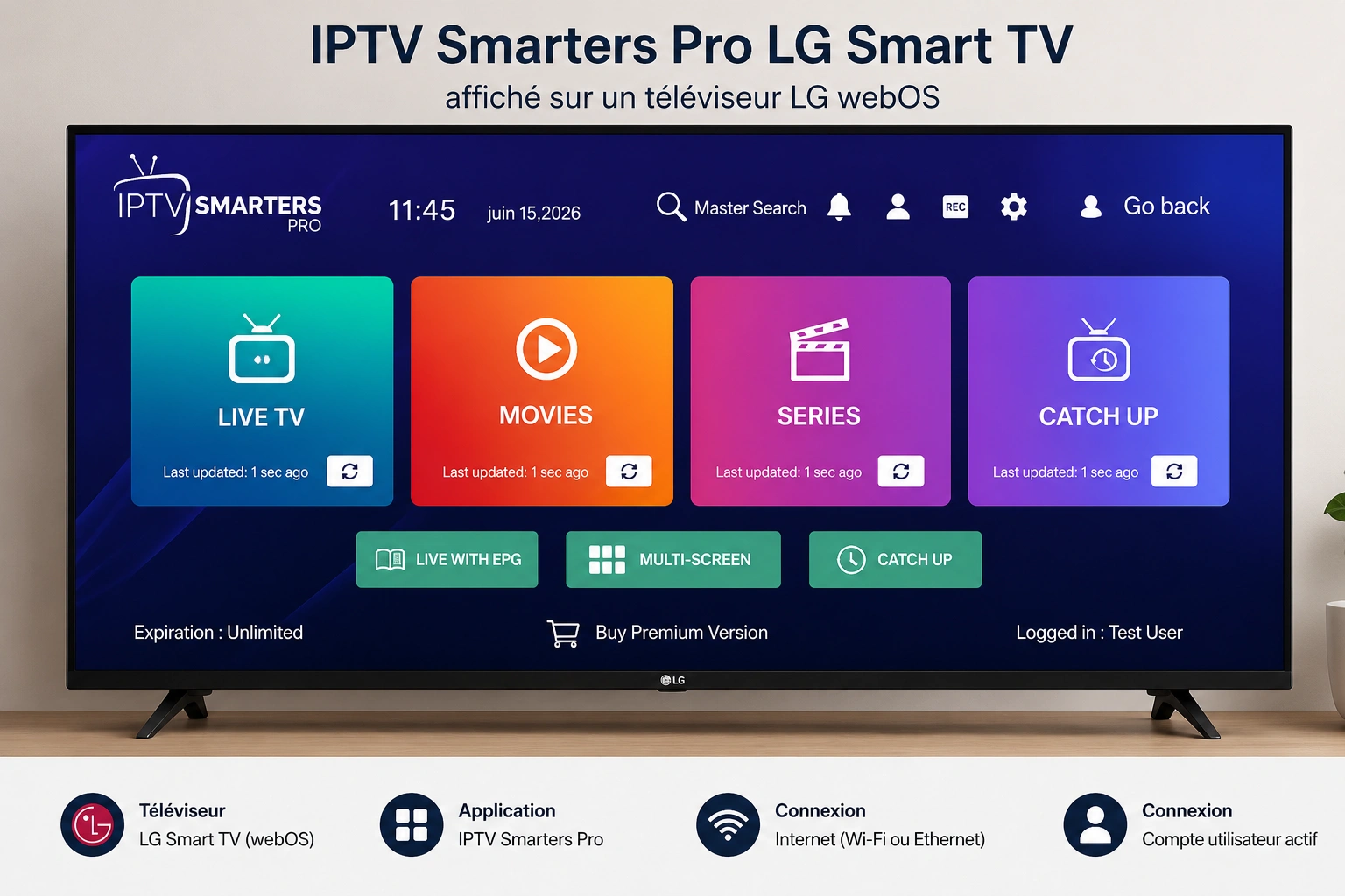 IPTV Smarters Pro LG Smart TV affiché sur un téléviseur LG webOS