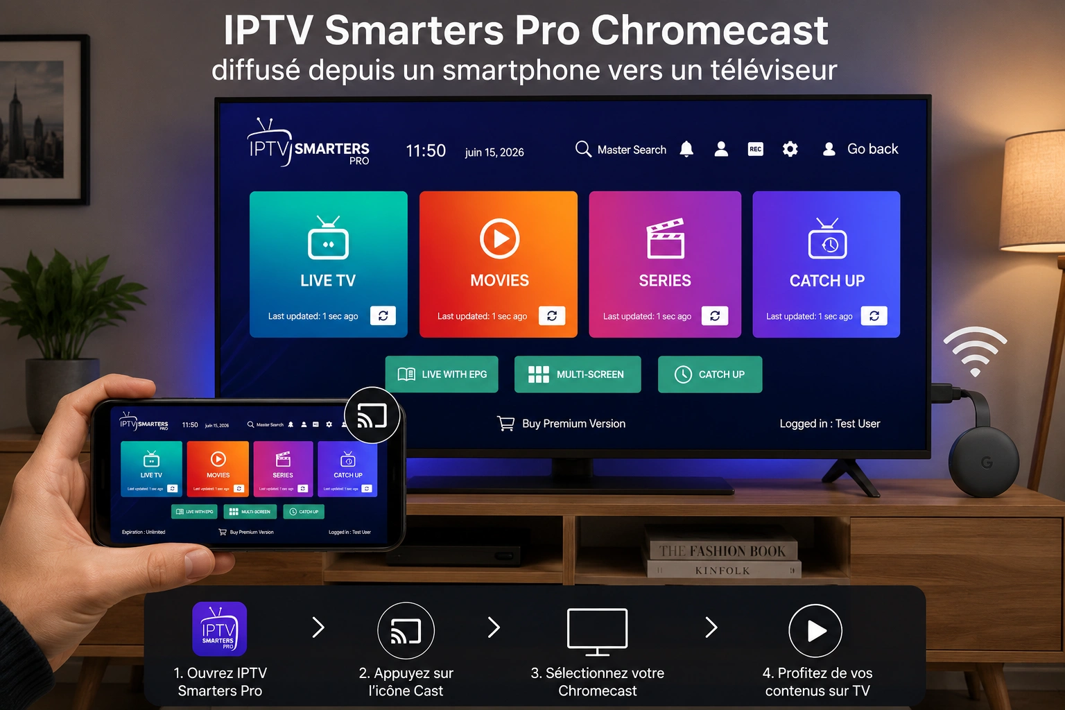 IPTV Smarters Pro Chromecast diffusé depuis un smartphone vers un téléviseur
