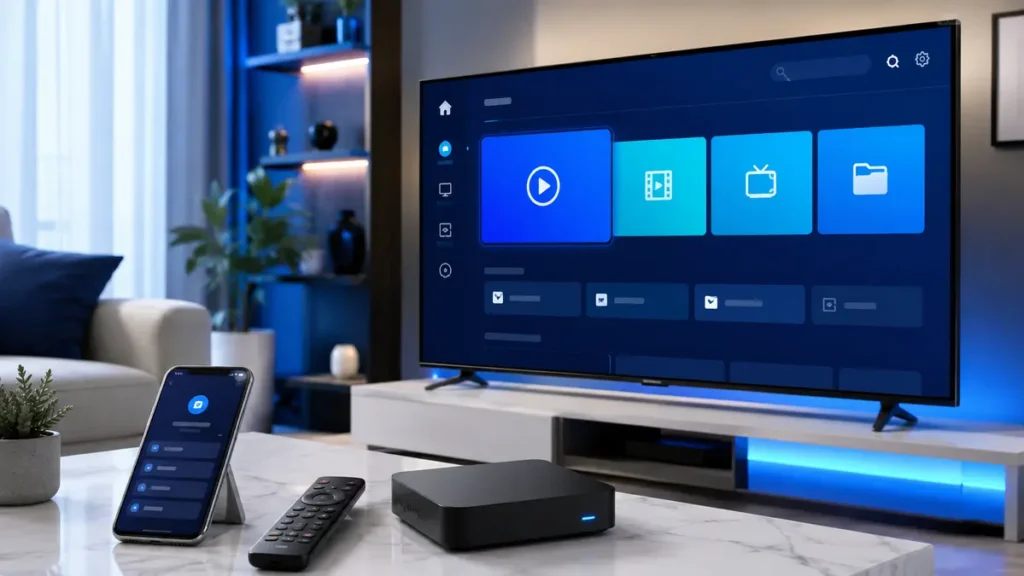 IPTV Smarters Pro Android TV sur téléviseur avec box et télécommande